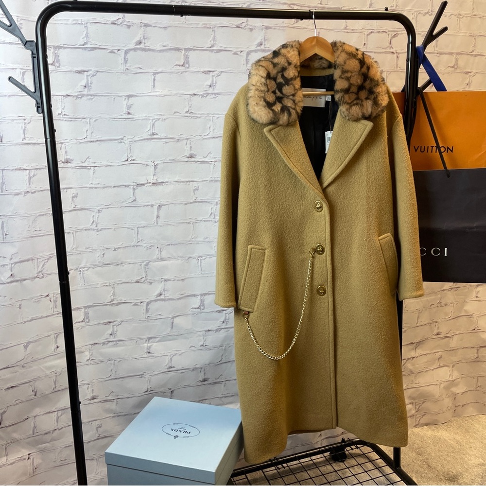 Coach Tan Wool Trench Coat with Faux Fur Leopard Collar
